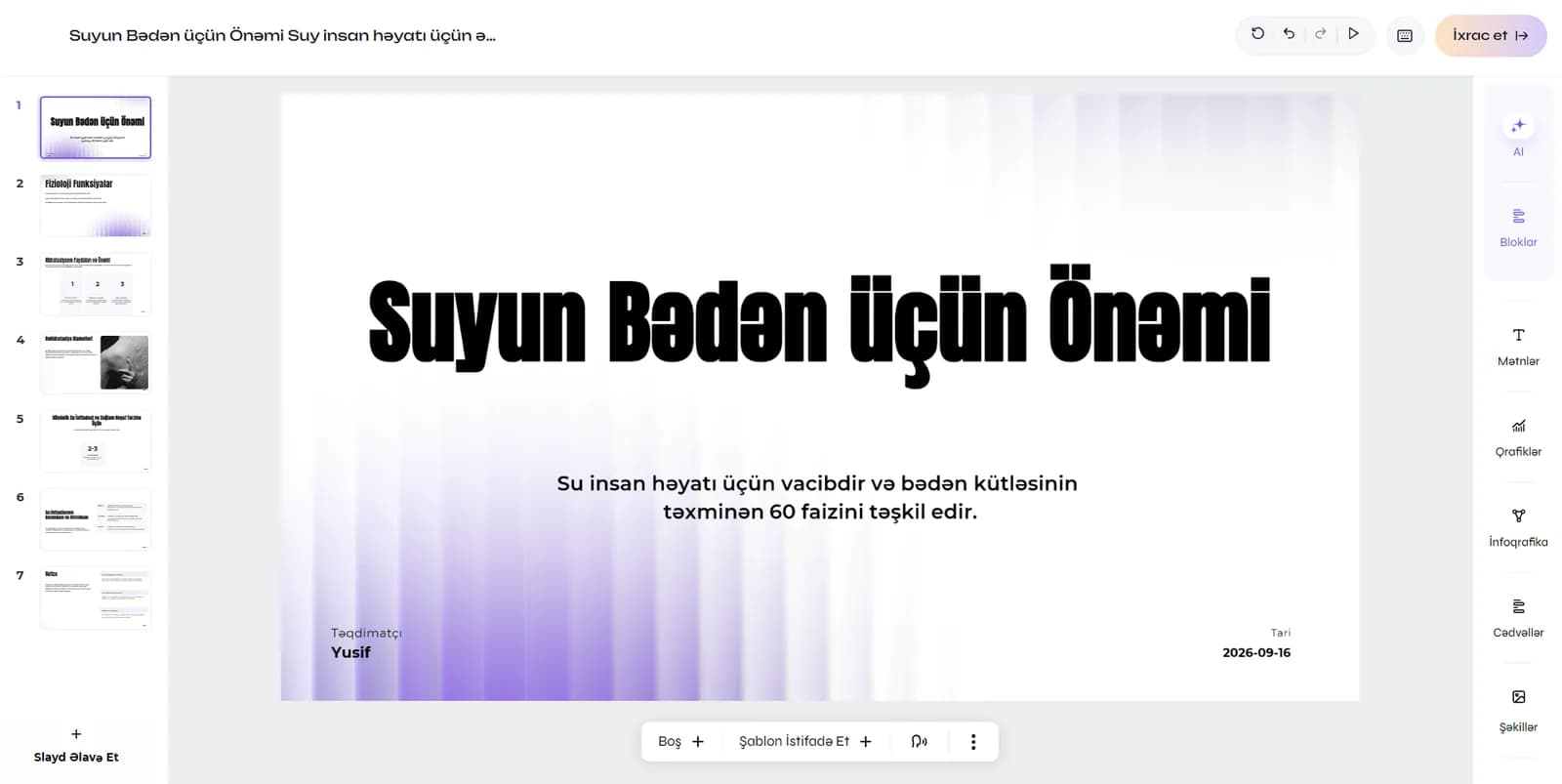 Vira slayd redaktoru: solda slayd siyahısı, mərkəzdə slayd, sağda bloklar paneli