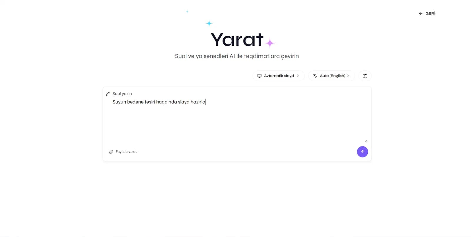 Vira-da "Yarat" səhifəsi: mövzu, slayd sayı və dil seçimi